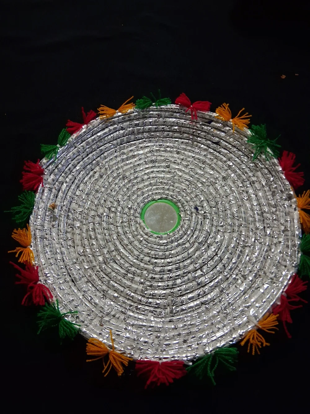 Vintage Handwoven Silver Woven Sequin Round Placemat with Multicolor TasselsTray